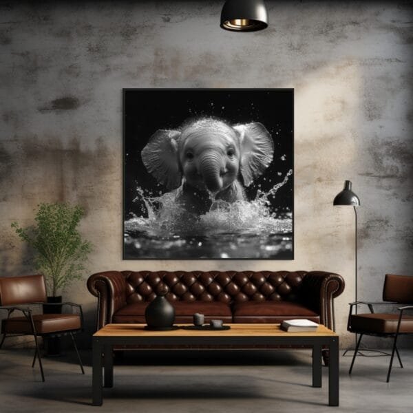 ATAI0200 Un elefante bebé en blanco y negro salpicando agua_ATAI