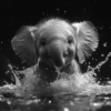 Un elefante bebé en blanco y negro salpicando agua_ATAI