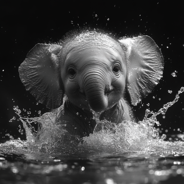 Un elefante bebé en blanco y negro salpicando agua_ATAI