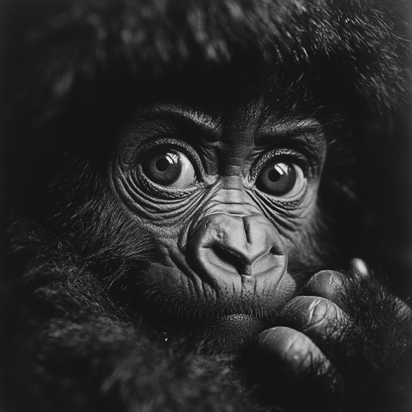 Un gorila bebé en blanco y negro aferrado a su madre_ATAI
