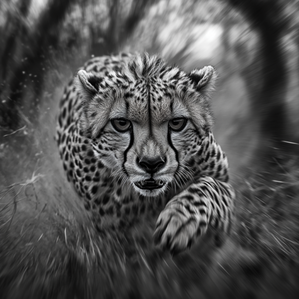 Acción en blanco y negro de un guepardo corriendo_ATAI