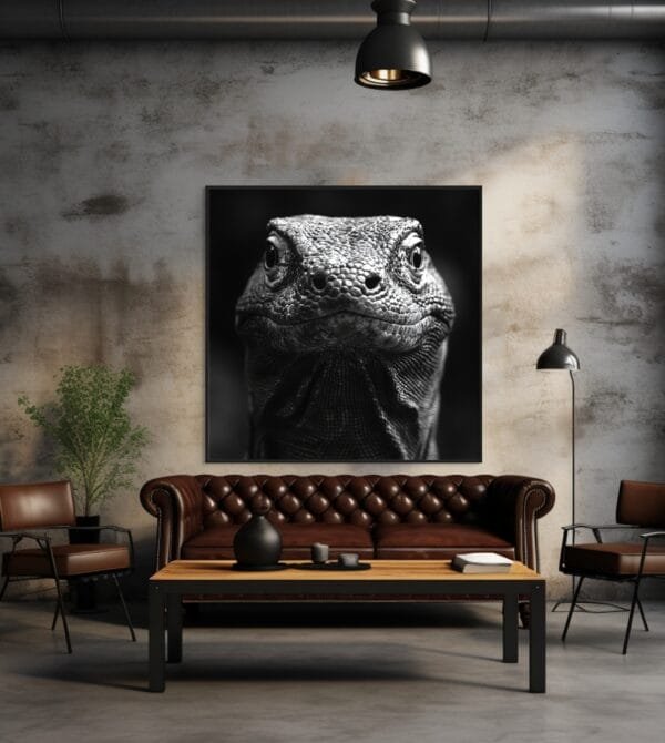 Primer plano en blanco y negro de un dragón de Komodo_ATAI