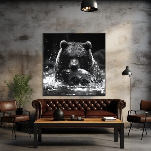 ATAI0208 Imagen en blanco y negro de un oso cazando peces en el río_ATAI