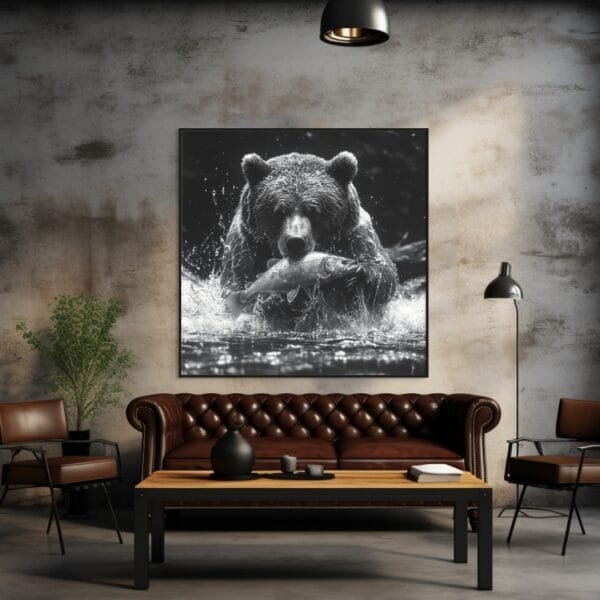 ATAI0209 Imagen en blanco y negro de un oso cazando peces en el río feroz_ATAI