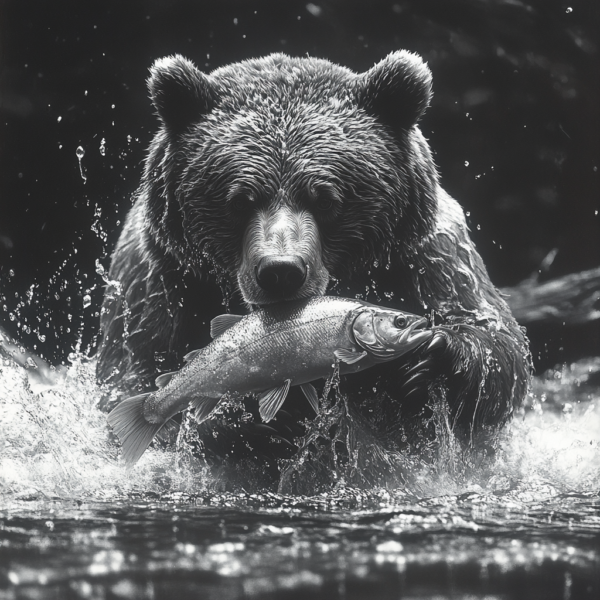 ATAI0209_ATAI_Imagen en blanco y negro de un oso cazando peces en el río feroz Imagen en blanco y negro de un oso cazando peces en el río feroz_ATAI