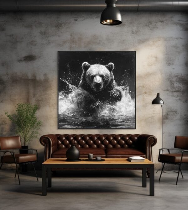 Imagen en blanco y negro de un oso cazando peces en el río atento_ATAI