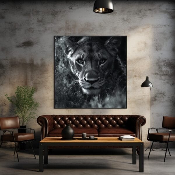 ATAI0211 Imagen en blanco y negro de una leona acechando a su presa_ATAI