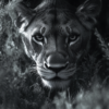 Imagen en blanco y negro de una leona acechando a su presa_ATAI