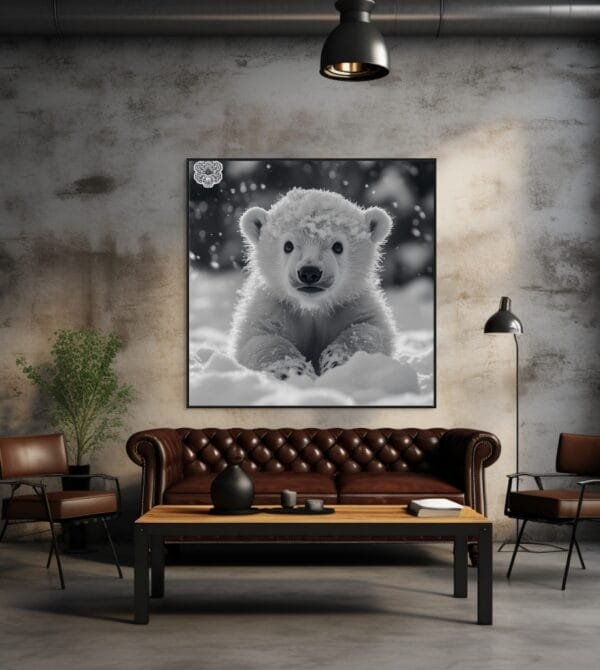 ATAI0212 Imagen en blanco y negro de un oso polar bebé jugando_ATAI