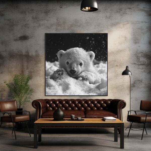 ATAI0213 Imagen en blanco y negro de un oso polar bebé jugando curioso_ATAI