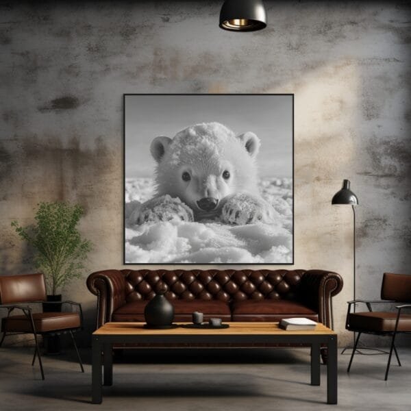 ATAI0214 Imagen en blanco y negro de un oso polar bebé jugando travieso_ATAI