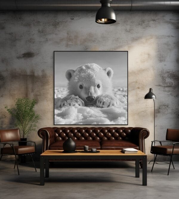Imagen en blanco y negro de un oso polar bebé jugando travieso_ATAI