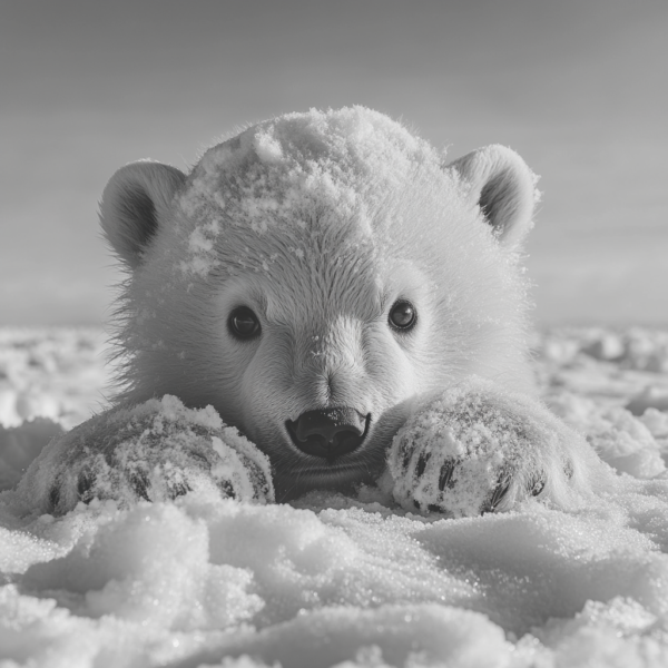 Imagen en blanco y negro de un oso polar bebé jugando travieso_ATAI