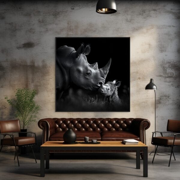 ATAI0215 Imagen en blanco y negro de un rinoceronte y su cría_ATAI