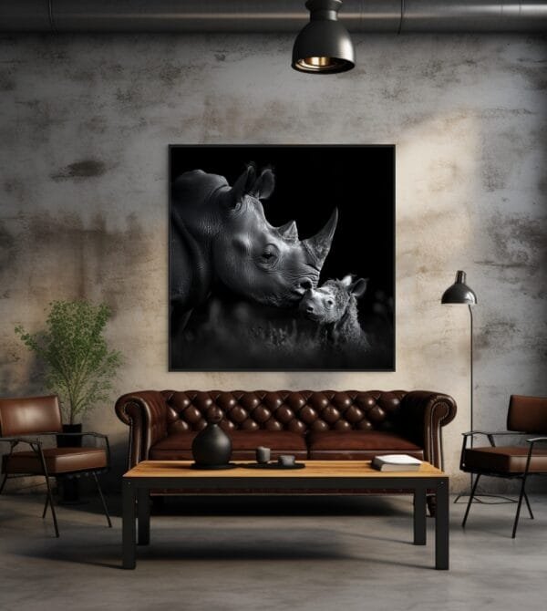 ATAI0215 Imagen en blanco y negro de un rinoceronte y su cría_ATAI