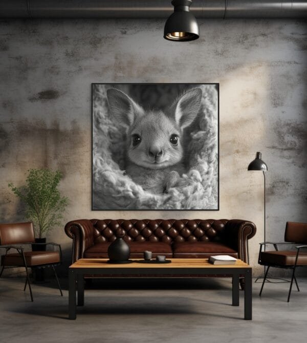 Imagen en blanco y negro de un canguro bebé asomándose_ATAI