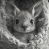 Imagen en blanco y negro de un canguro bebé asomándose_ATAI