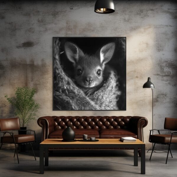 ATAI0220 Imagen en blanco y negro de un canguro bebé asomándose atento_ATAI