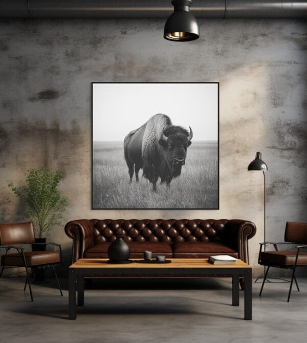 Imagen en blanco y negro de un bisonte pastando en el campo_ATAI