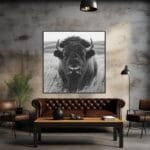 Imagen en blanco y negro de un bisonte pastando en el campo tranquilo_ATAI