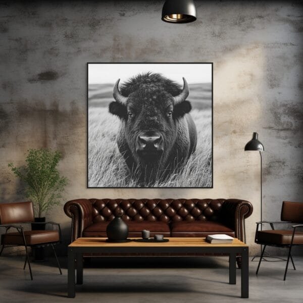 Imagen en blanco y negro de un bisonte pastando en el campo tranquilo_ATAI