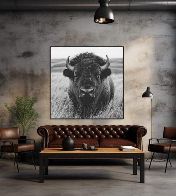 Imagen en blanco y negro de un bisonte pastando en el campo tranquilo_ATAI