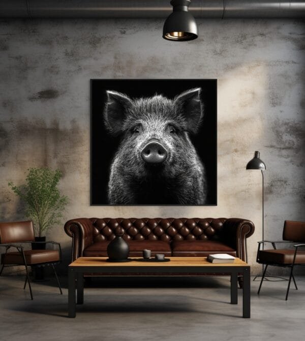 Imagen en blanco y negro de un jabalí salvaje en alerta_ATAI