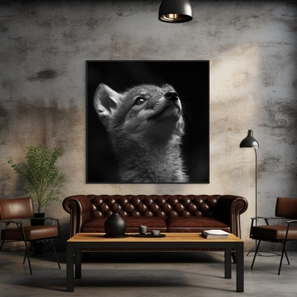 ATAI0226 Imagen en blanco y negro de un lobo cachorro explorando_ATAI