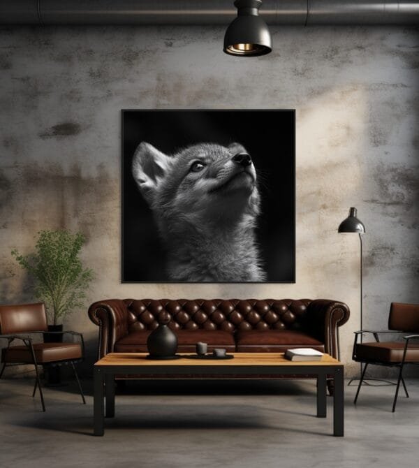 Imagen en blanco y negro de un lobo cachorro explorando_ATAI