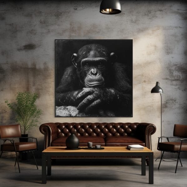 ATAI0229 Primer plano en blanco y negro de un chimpancé reflexivo_ATAI