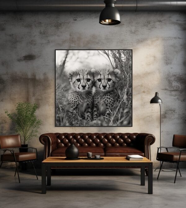 Primer plano en blanco y negro de dos cachorros de guepardo_ATAI