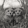 Primer plano en blanco y negro de dos cachorros de guepardo_ATAI