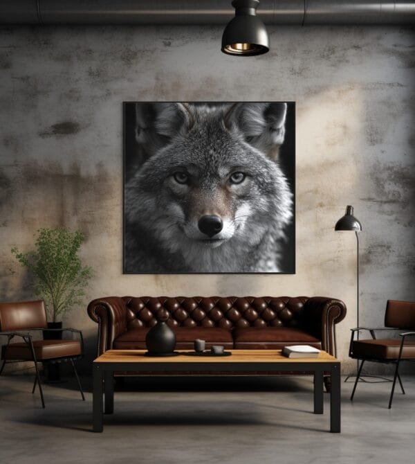 Coyote en blanco y negro, con su rostro y parte superior del cuerpo_ATAI