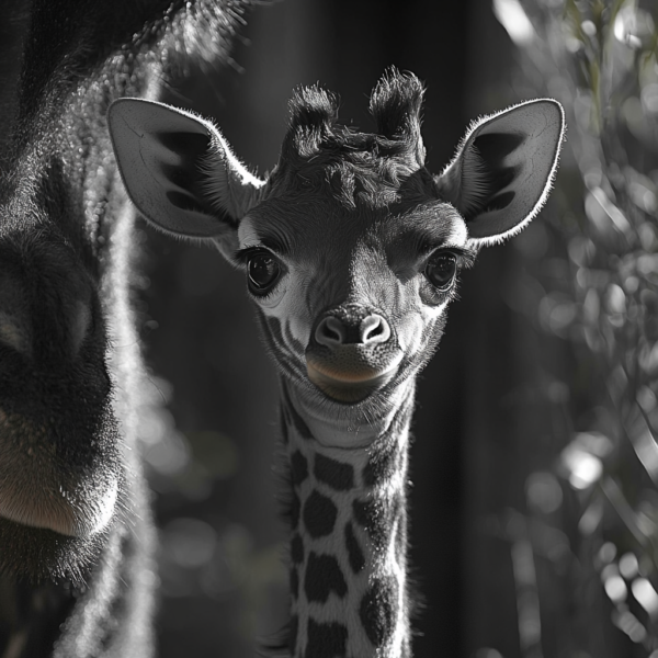Cría de jirafa en blanco y negro, con su pequeña cabeza curiosa_ATAI