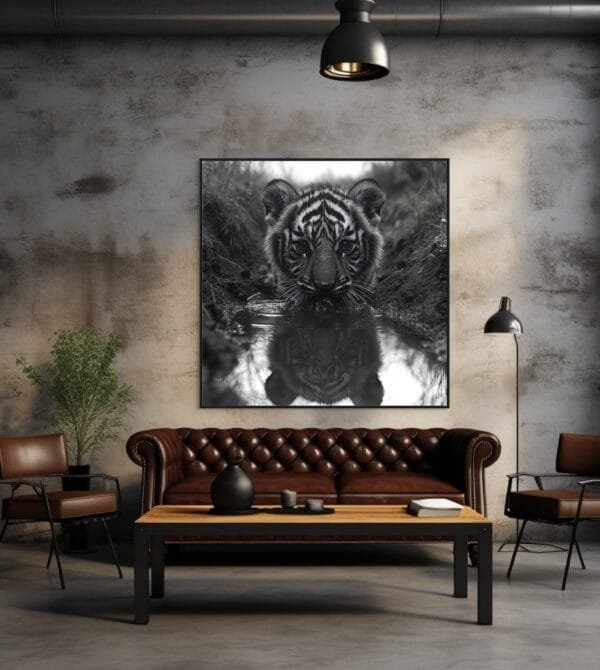 Cachorro de tigre en blanco y negro bebiendo agua sediento_ATAI