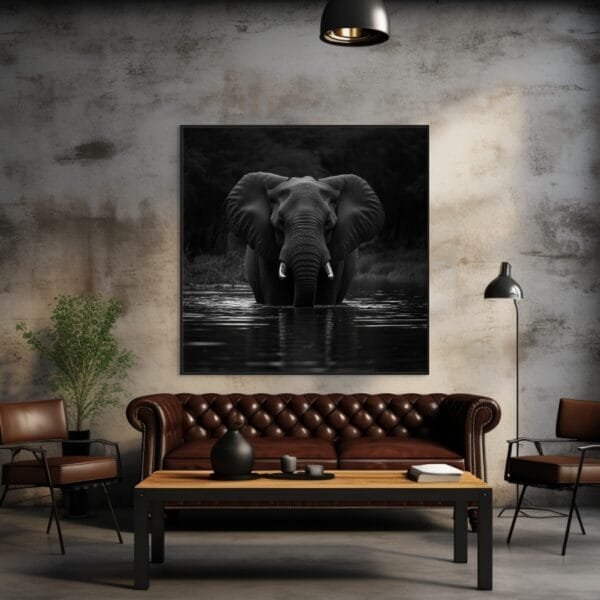 Elefante en blanco y negro bebiendo agua_ATAI