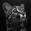 Ocelote en blanco y negro, con su cabeza y parte superior del cuerpo_ATAI