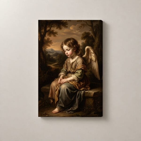 Pequeño Ángel en Contemplación, cuadro vertical en canvas