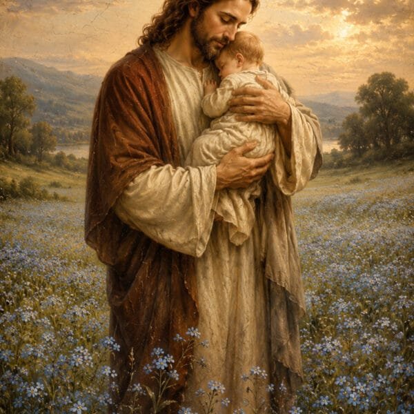 Jesús Abraza al Bebé entre Flores, arte sin mockup