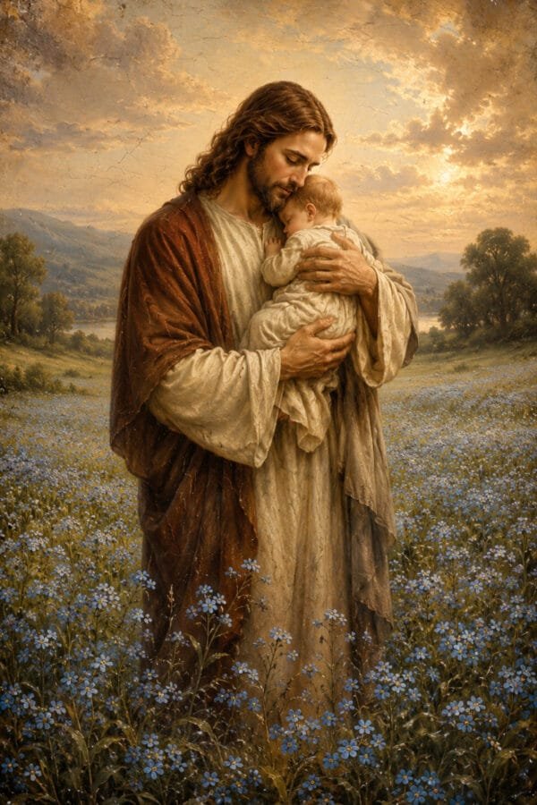 Jesús Abraza al Bebé entre Flores, arte sin mockup