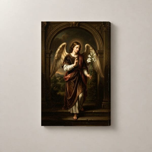 Ángel con Lirios ante el Arco, cuadro vertical en canvas