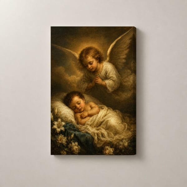 Un Ángel Cuida su Sueño, cuadro vertical en canvas