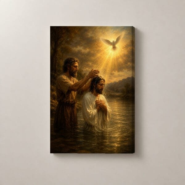 El Bautismo de Jesús en el Jordán, cuadro vertical en canvas