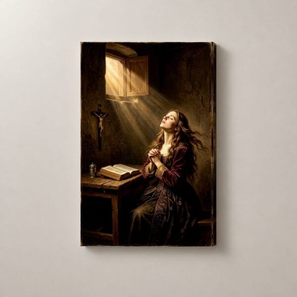 Oración bajo un Rayo de Luz, cuadro vertical en canvas