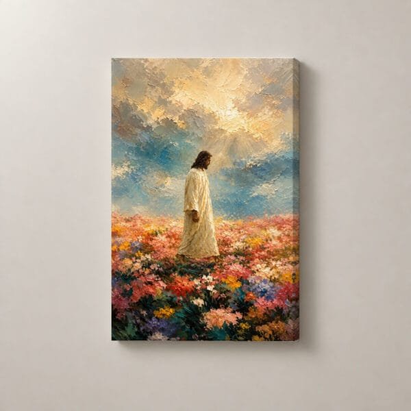 Jesús entre Flores de Esperanza, cuadro vertical en canvas