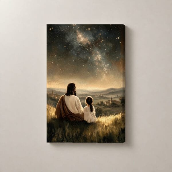 Jesús y la Niña bajo las Estrellas, cuadro vertical en canvas