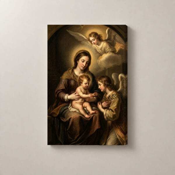 María y el Niño con Ángeles, cuadro vertical en canvas