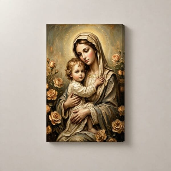 María y el Niño entre Rosas Doradas, cuadro vertical en canvas