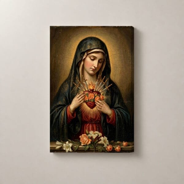 Corazón de María entre Flores, cuadro vertical en canvas