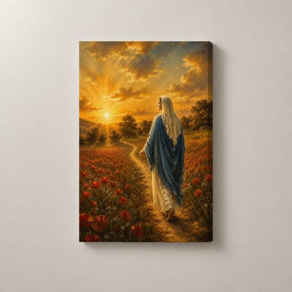 María entre Amapolas al Atardecer, cuadro vertical en canvas